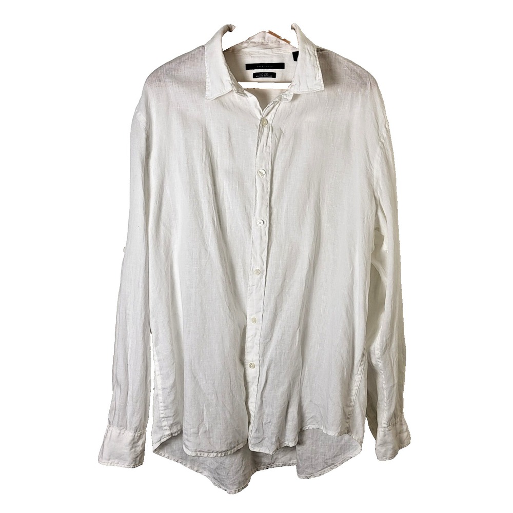 Perry Ellis 100% Linen Sz XL White Button Up Shirt Roll Tab Sleeve Coastal